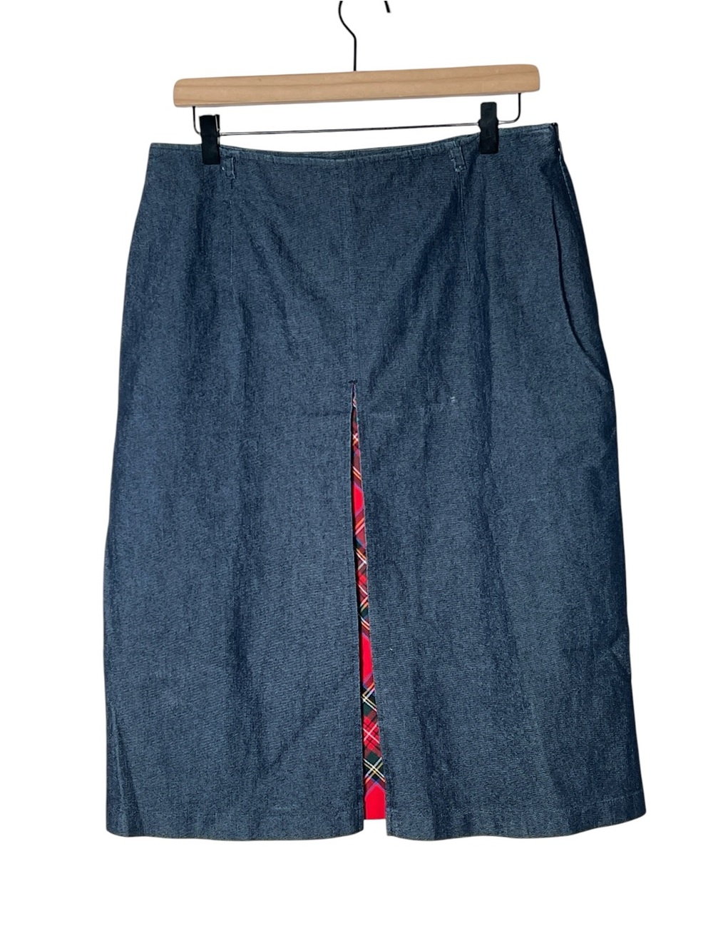 Hirsch a line denim midi skirt with red plaid trim size 12 B165